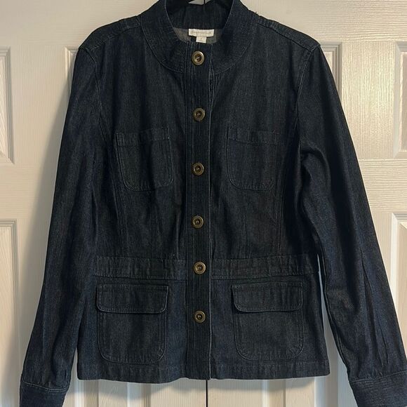 CHARTER CLUB Women’s Dark Blue Denim Collarless Button Down Jacket Size L - Picture 1 of 6